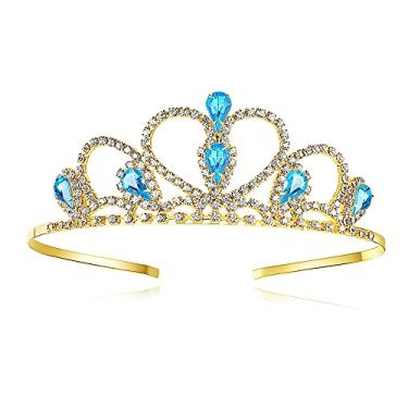 Imagem de Lovelyshop Tiara dourada com pedras azuis e strass para crianças pequenas e grandes, formatura e aniversário, coroa de princesas