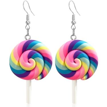 Imagem de Brincos de gota com pingente de gancho de Halloween fofo colorido colorido pirulito arco-íris leve para mulheres adolescentes meninas adoráveis doces comida açúcar charme pendurado hipoalergênico moda