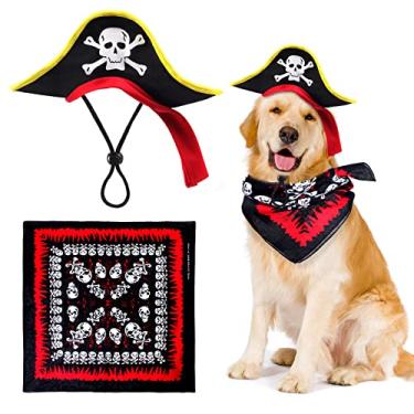 Imagem de Aichiyu 2 peças crânio impressão animal de estimação pirata chapéu com caveira pirata bandana cachorro gato capitão boné halloween pirata cosplay fantasia chapéu festa de Halloween acessórios de fantasia (A)