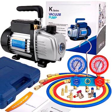 Imagem de LOYPP Conjunto de bomba e medidor de vácuo CA - Kit de bomba de vácuo HVAC com conjunto de medidor R134a, bomba de palhetas rotativas de estágio único 3CFM 1/4HP para manutenção AC, ar condicionado