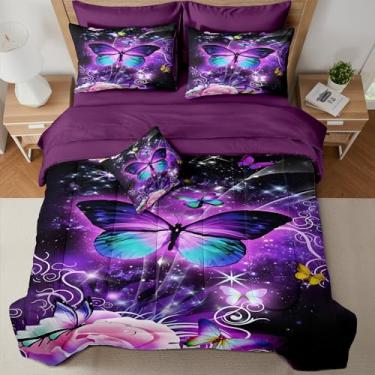 Imagem de MUGINYU Conjunto de edredom floral tamanho queen 8 peças cama em um saco, roupa de cama botânica rosa roxa borboleta com 1 edredom, 4 fronhas, 1 lençol de cima, 1 lençol de elástico, 1 capa de