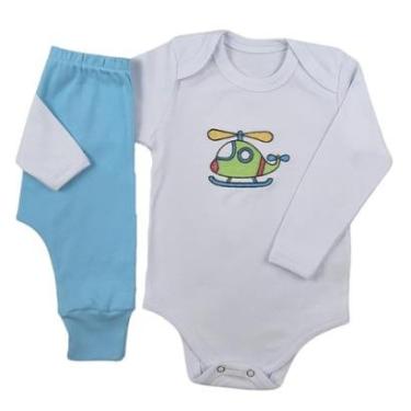 Imagem de Conjunto Body Manga Longa Bordado Helicóptero e Calça Suedine Mijão Culote - Roupa Bebê Menino-Masculino