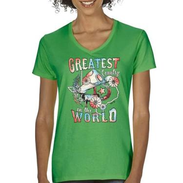 Imagem de Camiseta feminina com decote em V Greatest Country in The World Cowgirl Cowboy Girlfriend Southwest Rodeo Country Western Rancher, Verde, XXG