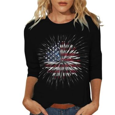 Imagem de 4th of July Camisetas femininas 4th of July Shirts Star Stripes 3/4 manga bandeira americana blusas soltas casuais, Preto #4, G