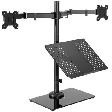 Imagem de VIVO Suporte de mesa para monitor de computador duplo independente e laptop com base de vidro, serve para monitores de até 32 polegadas e laptops de 17 polegadas, preto, STAND-V003FGL