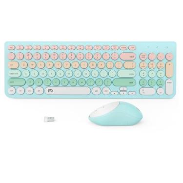 Imagem de Combos de teclado sem fio e mouse, máquina de escrever fofa, colorida, retrô, redondo, 2,4 GHz, modo de hibernação, escritório, silencioso, sem fio, conjunto de teclado e mouse cremoso para desktop,