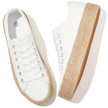 Imagem de Waluzs Sapatos de lona femininos plataforma branca tênis cano baixo cadarço confortável casual caminhada sapatos, Branco, 36