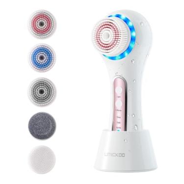 Imagem de UMICKOO Esfoliante facial, escova de limpeza facial, recarregável, IPX7, à prova d'água, com 5 cabeças de escova, escova elétrica giratória facial para esfoliação, massagem e limpeza profunda