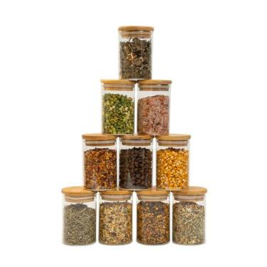 Imagem de Kit 10 potes de vidro 250ml com tampa de bambu herméticos redondos - T