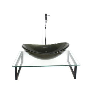 Imagem de Kit cuba de vidro oval 10mm ouro envelhecido tampo 50cm incolor com su