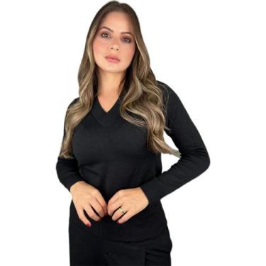 Imagem de Blusa Trico Basica De Frio Feminina Decote V Manga Longa - Calu Tricot