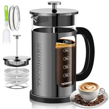 Imagem de TECOHORS Cafeteira French Press 1 litro de aço inoxidável 304, com sistema de 4 filtros, vidro borossilicato de espessura resistente ao calor, cafeteira (preto brilhante)