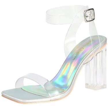 Imagem de Heels Charm Sandálias femininas transparentes de salto grosso, 9,5 cm, bico aberto, tira no tornozelo, salto alto, sandália para dança, uso diário, trabalho, festa, Prata, 34