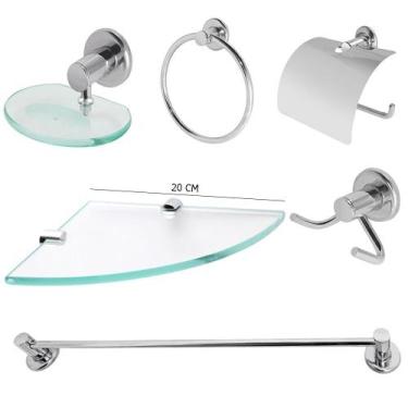 Imagem de Kit banheiro com prateleira de canto vidro temp. linha extra luxo - Ta