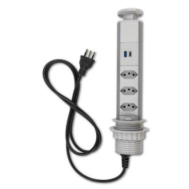 Imagem de Torre De 3 Tomadas Usb A Usb C Multiplug 20a Retrátil Cinza - QTMOV