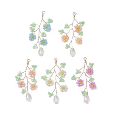 Imagem de Ornazy 5 berloques fofos de folhas de flor, pingente de contas de semente de vidro, pingentes florais feitos à mão para joias DIY, colar, brinco, artesanato, Metal não precioso, Sem Pedra Preciosa