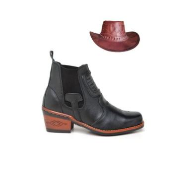 Imagem de Kit Bota Country e Chapéu Rodeio Botina Texana Couro Legítimo Elastico