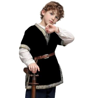 Imagem de Camisa de fantasia de cavaleiro medieval de pirata viking renascentista com gola V, Preto, 10-12 Years
