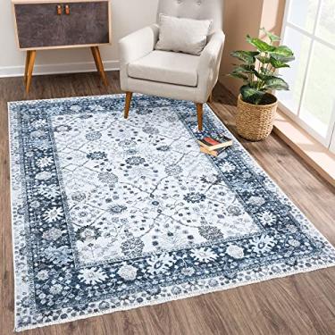 Imagem de Bloom Rugs Caria Tapete lavável antiderrapante 12 x 18 cm - Tapete de área com borda tradicional azul marinho para sala de estar, quarto, sala de jantar e cozinha - Tamanho exato: 1,5 m x 18 m