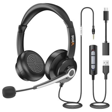 Imagem de Wantek Fone de ouvido USB e de 3,5 mm com microfone para PC/laptop, fone de ouvido com fio com microfone com cancelamento de ruído e controles de áudio, perfeito para home office online, aula Skype