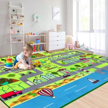 Imagem de Tapete infantil grande para sala de jogos, 121 cm x 183 cm, tapete para crianças, carrinhos de brinquedo, vida urbana com tráfego rodoviário, ótimo para quarto de crianças, quarto de brincar, quarto
