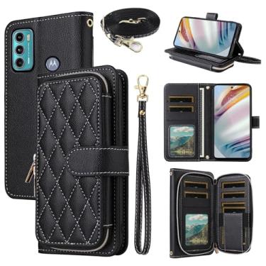 Imagem de Dswteny Argyle Capa carteira para Motorola G60 Moto G40 Fusion com alça de ombro, couro PU, suporte para cartão de crédito, acessórios para celular MotoG60 G 60 40 mulheres meninas preta