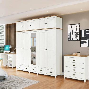 Imagem de Conjunto Quarto: Guarda-Roupa 10 Portas, Escrivaninha, Cômoda 4 Gavetas Branco/Freijó Topázio Madeira Pinus - Finestra