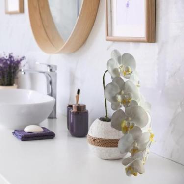 Imagem de 9 Hastes de Orquídea Branca Artificial - Flores com Folhagem Verde par