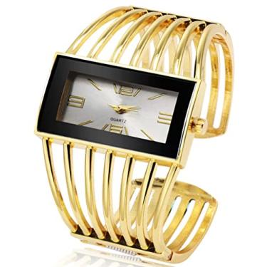 Imagem de Relógios de pulso femininos modernos com mostrador retangular de luxo, relógio de pulso analógico de quartzo para mulheres, Dourado,