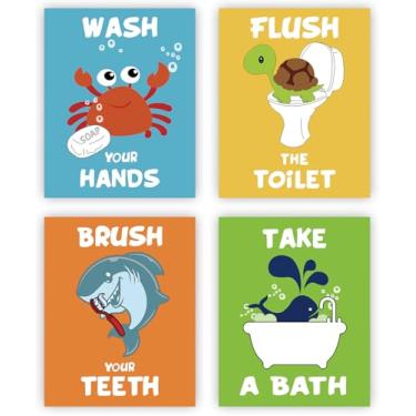 Imagem de NIIORE Impressões de arte de parede de banheiro infantil, tela de decoração de banheiro, tema engraçado de vida marinha, placas de regras de banheiro para meninos e meninas, conjunto de 4 (20 x 25 cm