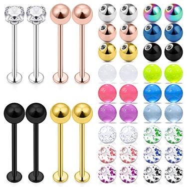 Imagem de Ocptiy Piercing de covinhas de calibre 16 e bolas de substituição, anel de língua plana nas costas, piercing corporal, retentor de joias para homens e mulheres, 14 mm, 16 mm, 19 mm, comprimento da barra, Metal, Zircônia cúbica