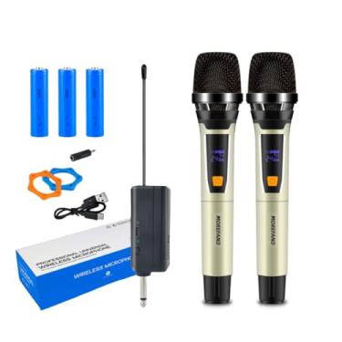 Imagem de Microfone sem Fio Profissional, Kit Duplo com Receptor USB, Display Digital, Bateria Recarregável, Champanhe Microfone Duplo Sem Fio Profissional Uhf Recarregavel Dinamico