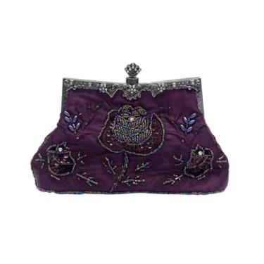 Imagem de CORIOS Bolsa vintage de 1920 com contas para noite com pérolas, bolsa de mão feminina de lantejoulas, bolsa de ombro floral, Roxa, Large