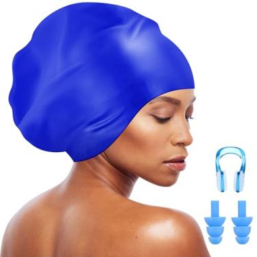 Imagem de Coume Touca de natação extra grande para tranças e dreadlocks, touca de natação de silicone impermeável para mulheres, cabelos longos com tampão de ouvido e clipe de nariz, adequada para mulheres e