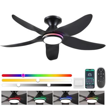 Imagem de Kviflon Ventiladores De Teto De 46" Com Luzes, Controle Remoto/App, Ventiladores De Teto De Baixo Perfil Com Cores Brancas Reguláveis + Luzes Rgb De Anel, 6 Velocidades, 5 Lâminas Curvas Reversíveis