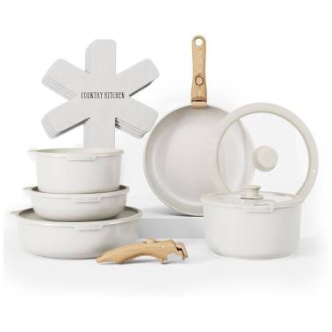 Imagem de Jogo de Panelas e Frigideiras, Material em Alumínio com 16 Peças e Cabo de Madeira Removível, Country Kitchen, Creme