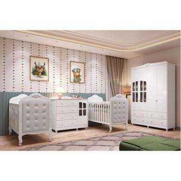 Imagem de Quarto de Bebê Guarda-roupa Cômoda Janelado 2 Berços Capitonê Maya Clá