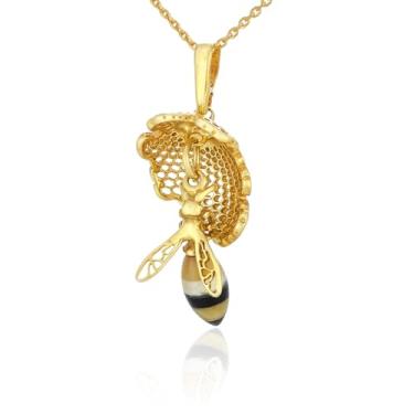 Imagem de AMBEDORA Colar feminino de abelha de mel Mod.08 colorido âmbar báltico banhado a ouro prata esterlina pingente banhado a ouro na corrente, Prata esterlina, Âmbar