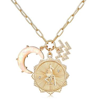 Imagem de MISS RIGHT Colar de moedas de signo do zodíaco de ouro com pingente de lua crescente de opala para mulheres meninas da moda, corrente delicada de clipe de papel de ouro 12 colares de horóscopo de constelação colares de astrologia joias presentes, 18.11 inches, Gema, Zircônia cúbica