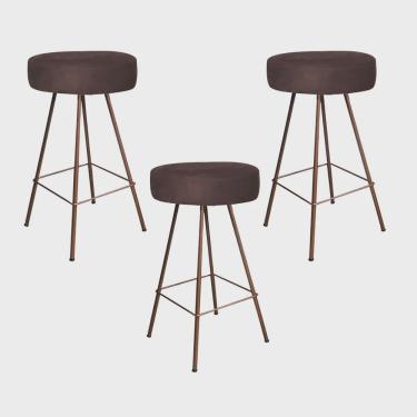 Imagem de Kit 03 Banqueta Alta Laisa Industrial Redonda Cozinha Bar Balcão Bistrô Ferro Bronze Corino Marrom - Ahz Móveis