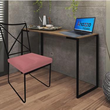 Imagem de Kit Escritório Clark Cadeira e Mesa Industrial Ferro Preto Tampo mdf Carvalho Suede Rose Gold - Ahz Móveis