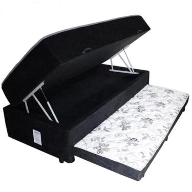 Imagem de Cama Box Baú Solteiro Conjugada de Mola com Cama Auxiliar Bicama 3 em 1 Suede Preto