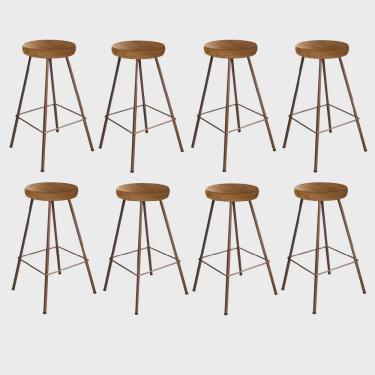 Imagem de Kit 08 Banqueta Alta Lanzzi Eiffel Rústico Cozinha Bar Balcão Bistrô Ferro Bronze Madeira Maciça Peroba - Ahz Móveis