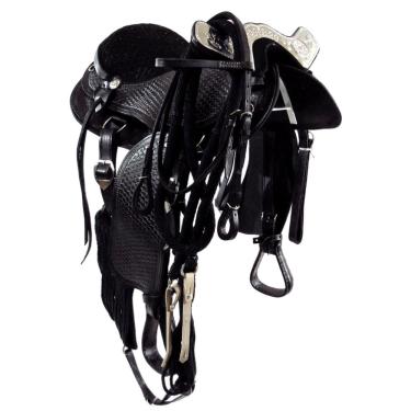 Imagem de Arreio De Cavalo Com Cabeça Chapa Tropeiro Preto Completo 16 Polegadas Luxo