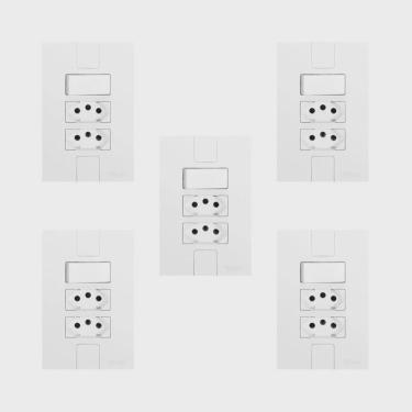 Imagem de Conjunto de 5 Interruptores de 1 Tecla Simples e 2 Tomadas 2p + t 20A, Modular, com Placa 4x2 Branco