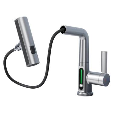 Imagem de BARROCK Torneiras de banheiro em cascata com pulverizador, torneira moderna para pia de banheiro com display digital de temperatura Fahrenheit, torneira de lavatório ajustável em altura sem