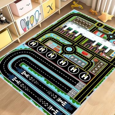 Imagem de Tapete infantil de carro, tapete de brinquedo para brincar com carros, tapete de pista de estacionamento de avião para sala de jogos, berçário, sala de aula, quarto de crianças, tapete de pista de