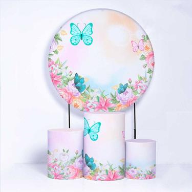 Imagem de Kit Painel de Festa Redondo de 1,80m e Trio de Cilindros Borboletas - Fera Print