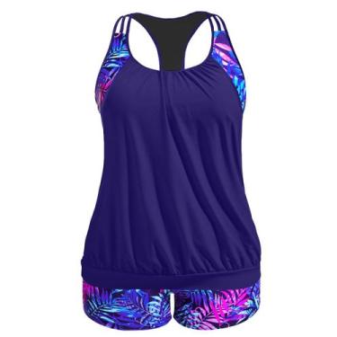 Imagem de Maiô Tankini Holipick Blue Purple Leaves Plus Size para mulher