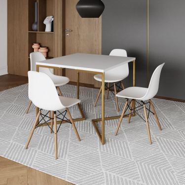 Imagem de Mesa Jantar Industrial Quadrada 90Cm Branca Base V Dourada Com 4 Cadeiras Madeira Branc Cor: Branco